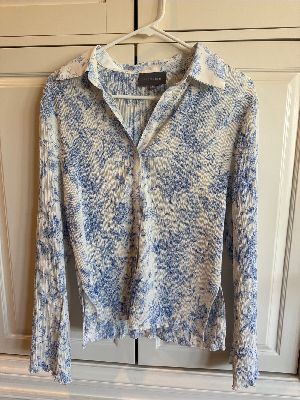 Madison Grey Cream Button-Down Shirt with Blue Floral Print